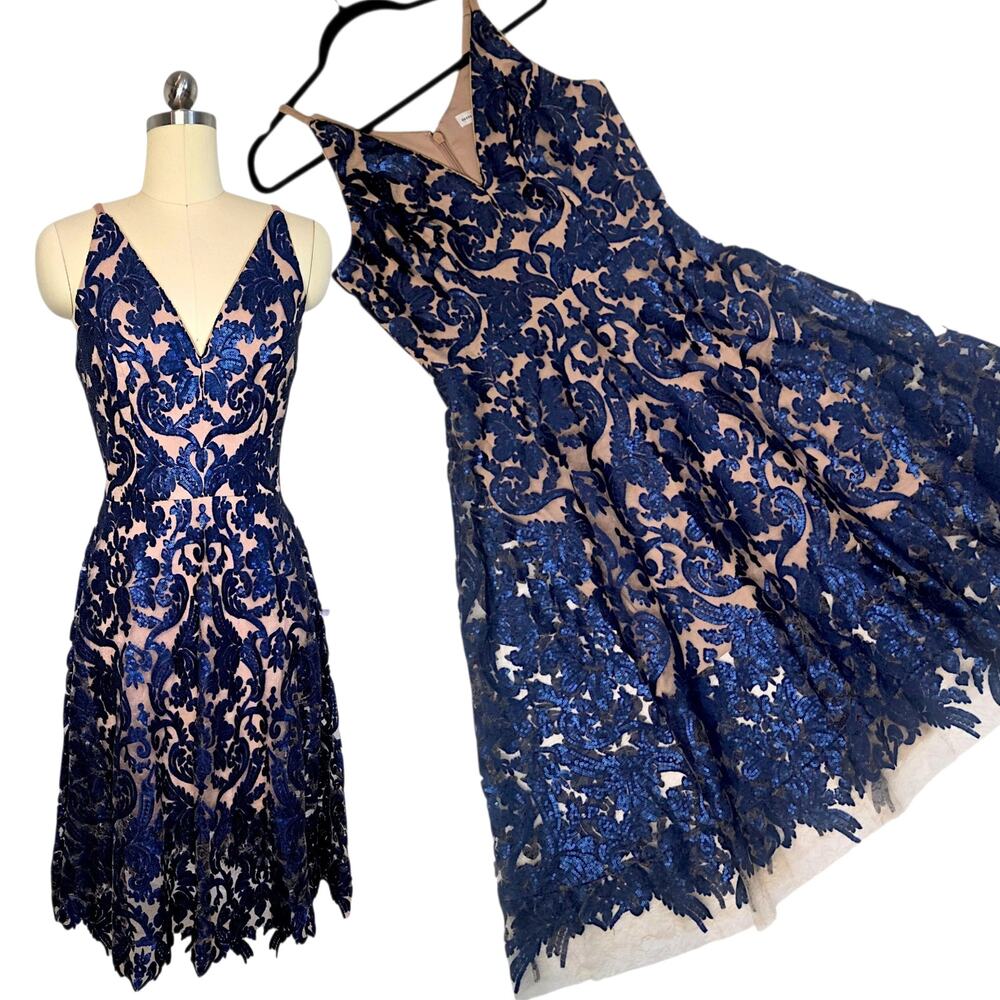 Dress the Population Navy Nude Sequin Lace Med Fit & Flare Midi Cocktail Dress